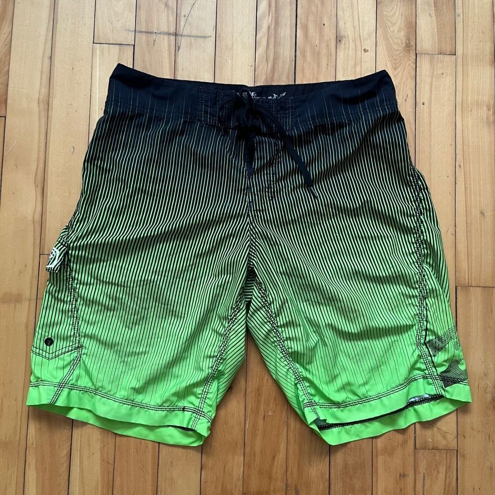 Billabong Platinum X Board Shorts Neon Green Black Stripe Drawstring Size 36